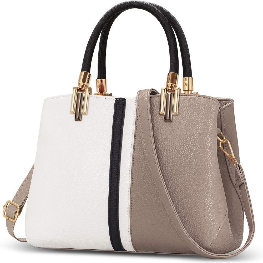 Top Handle Stitching Handbag for Women Girls Tote Satchel Khaki Shoulder Bag